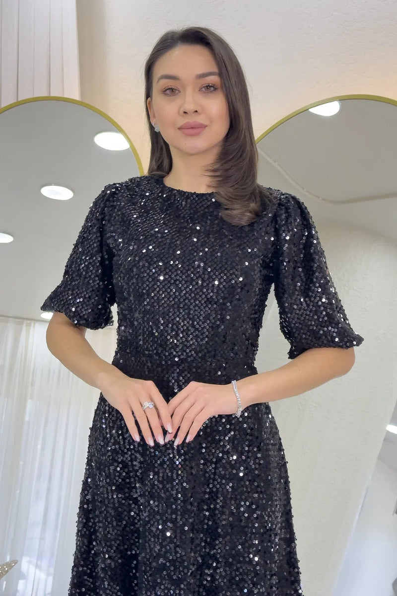 Women's Black Balloon Sleeve Sequin Midi Evening Gown
