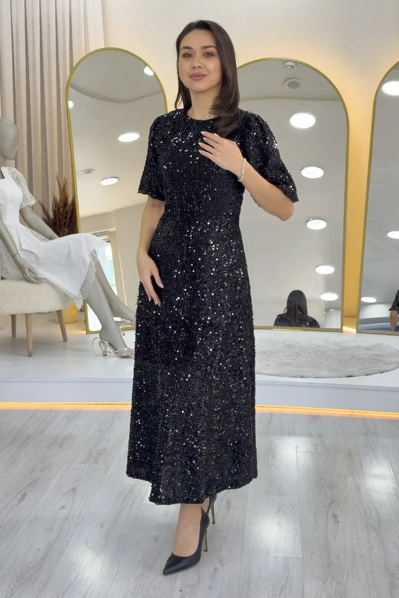 Women's Black Balloon Sleeve Sequin Midi Evening Gown