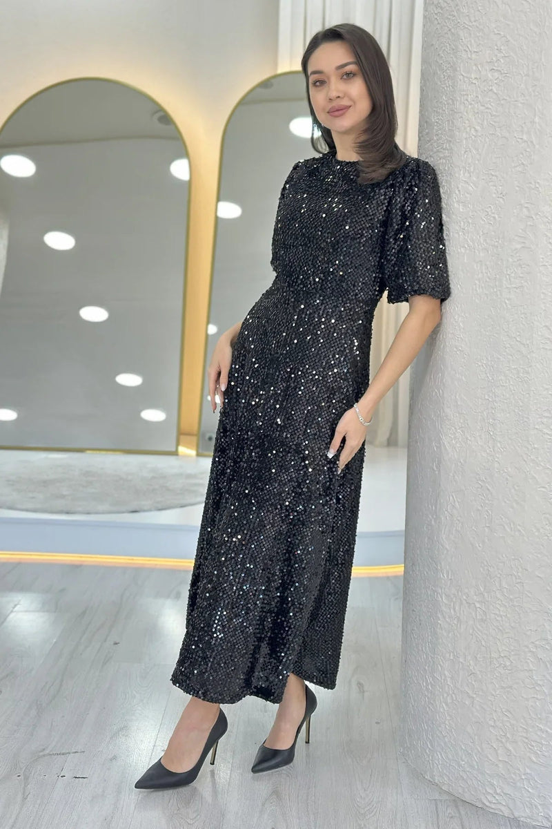 Women's Black Balloon Sleeve Sequin Midi Evening Gown