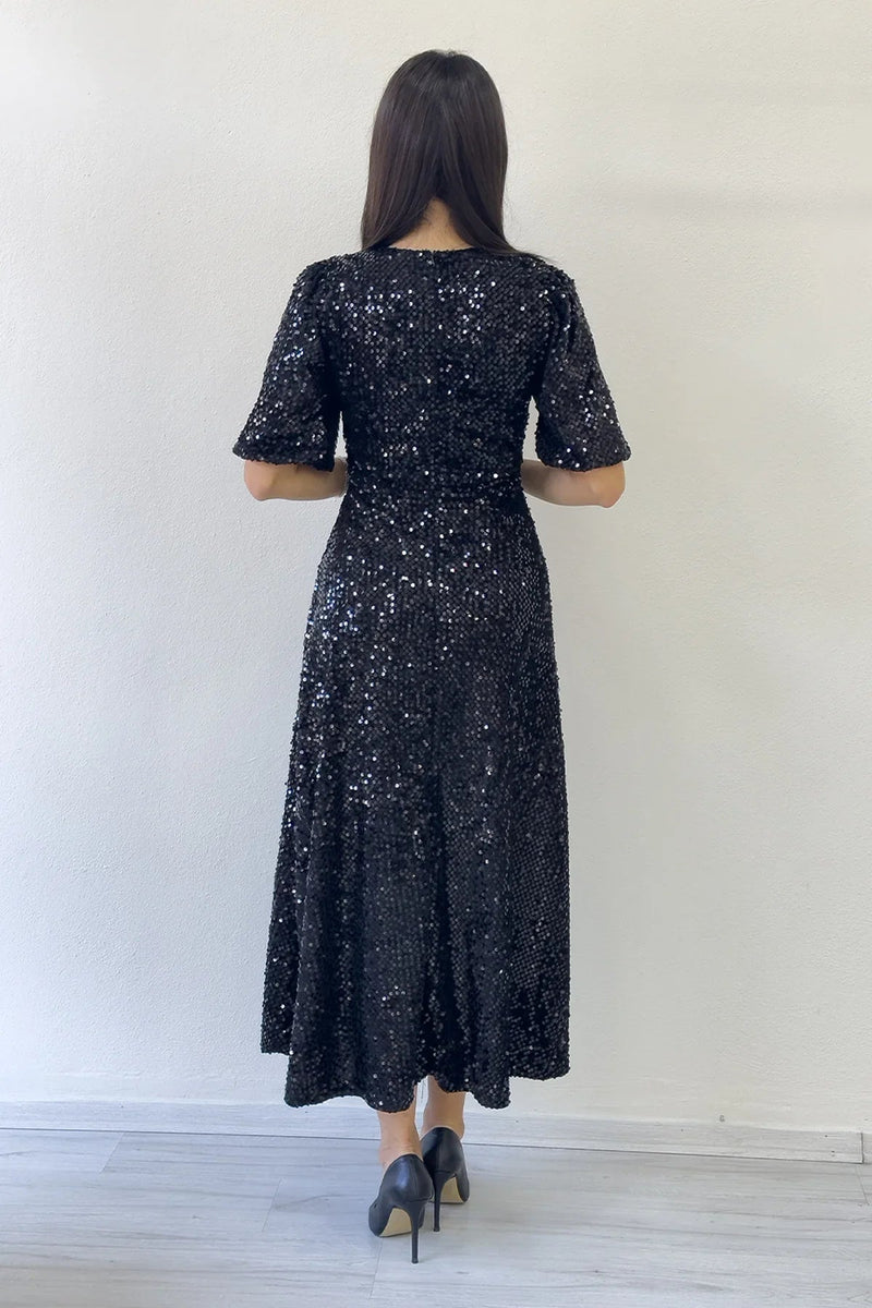 Women's Black Balloon Sleeve Sequin Midi Evening Gown