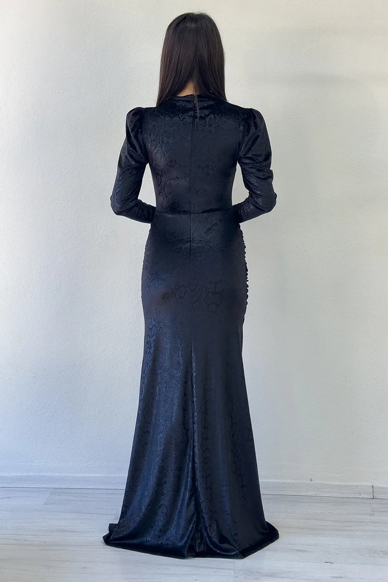 Women's Black Neck Decollete Velvet Dokulu Draped Slit Evening Gown