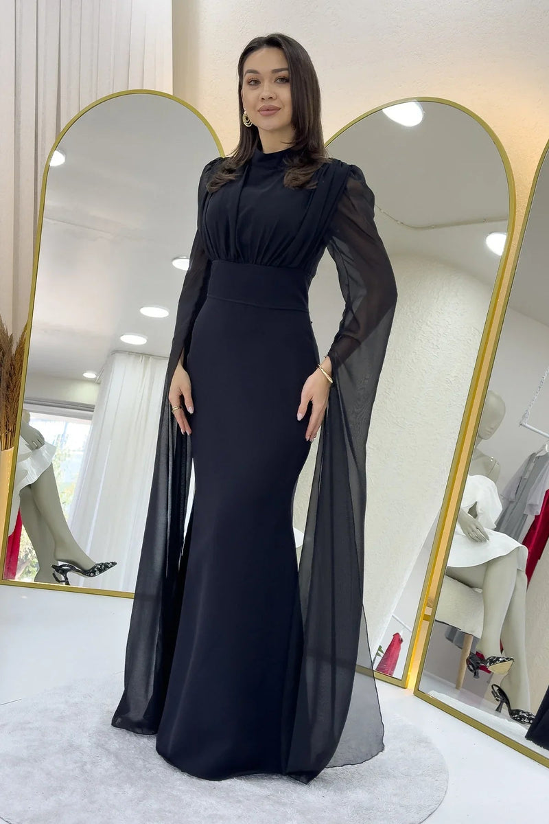 Women's Black Chiffon Cape Sleeve High Neck Mermaid Evening Gown