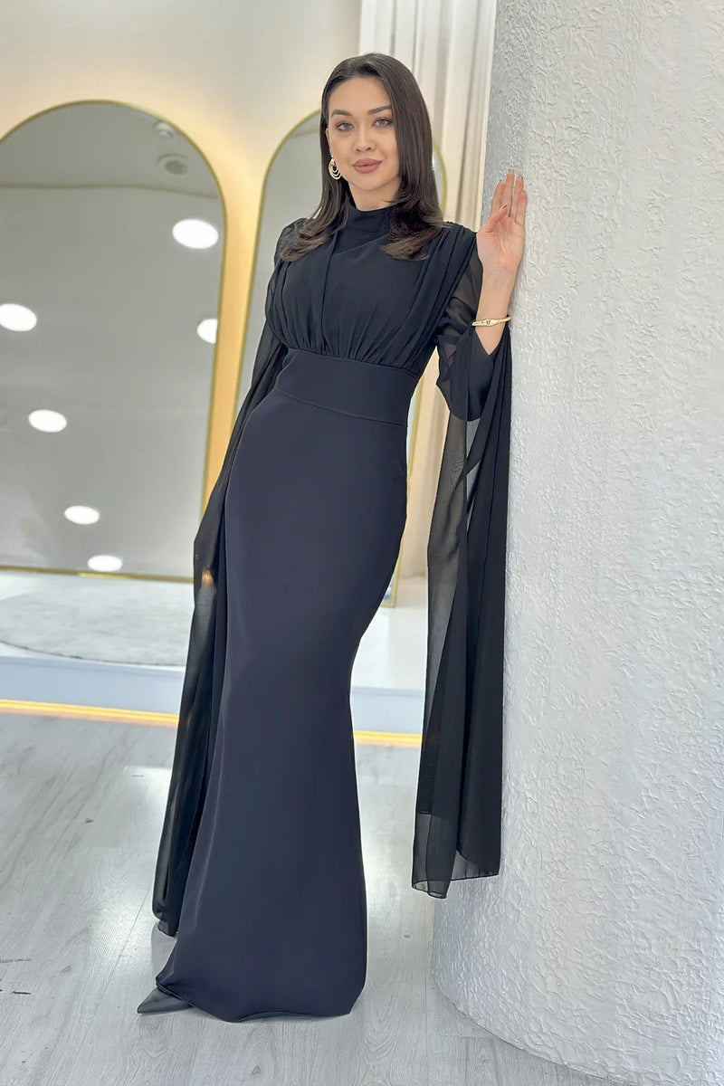 Women's Black Chiffon Cape Sleeve High Neck Mermaid Evening Gown
