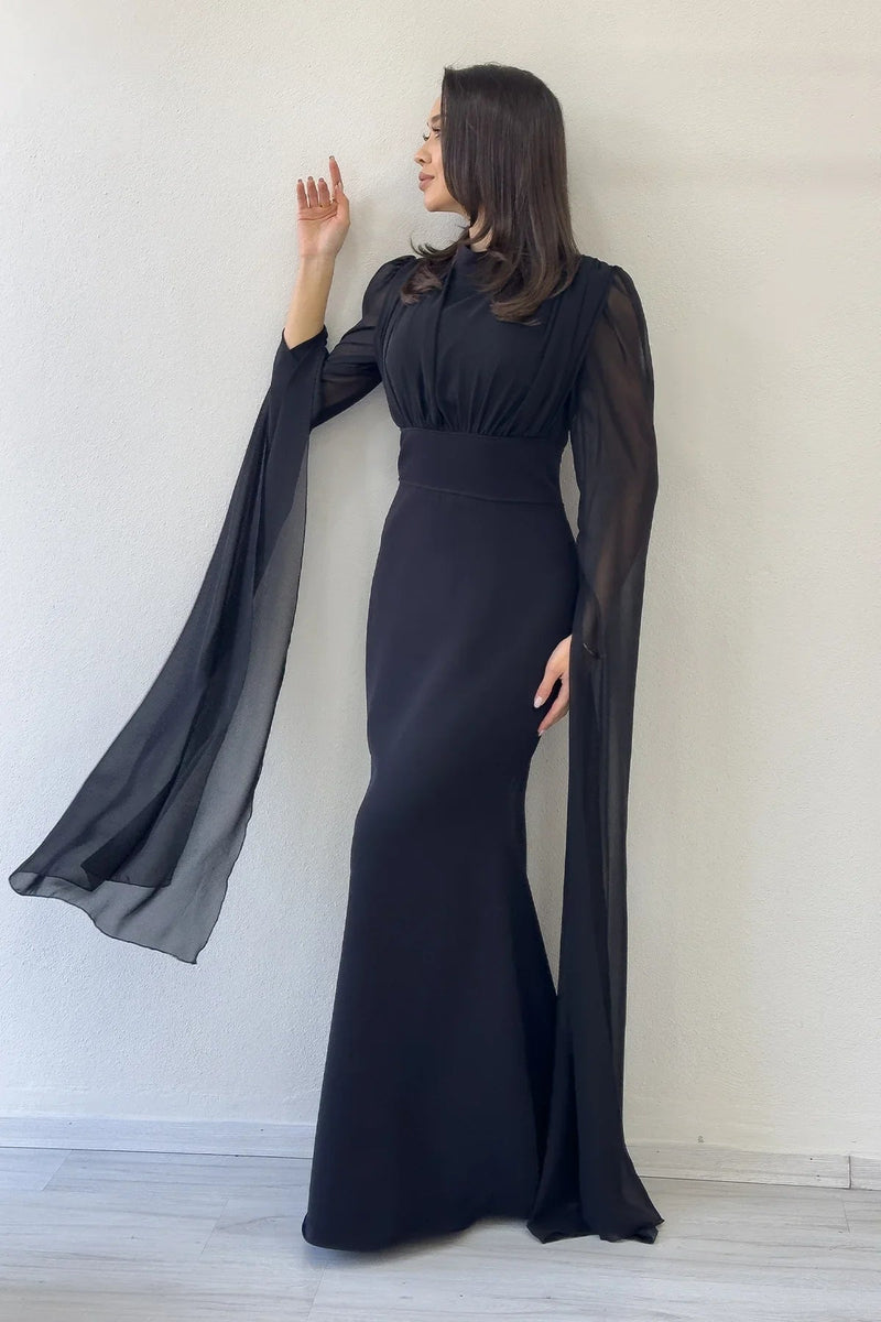 Women's Black Chiffon Cape Sleeve High Neck Mermaid Evening Gown