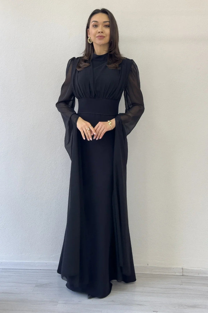 Women's Black Chiffon Cape Sleeve High Neck Mermaid Evening Gown
