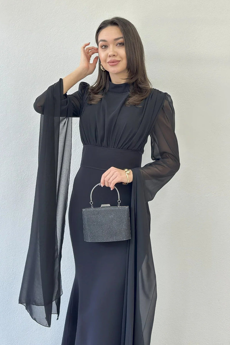 Women's Black Chiffon Cape Sleeve High Neck Mermaid Evening Gown