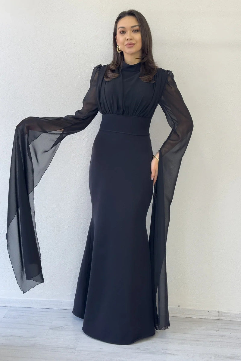 Women's Black Chiffon Cape Sleeve High Neck Mermaid Evening Gown