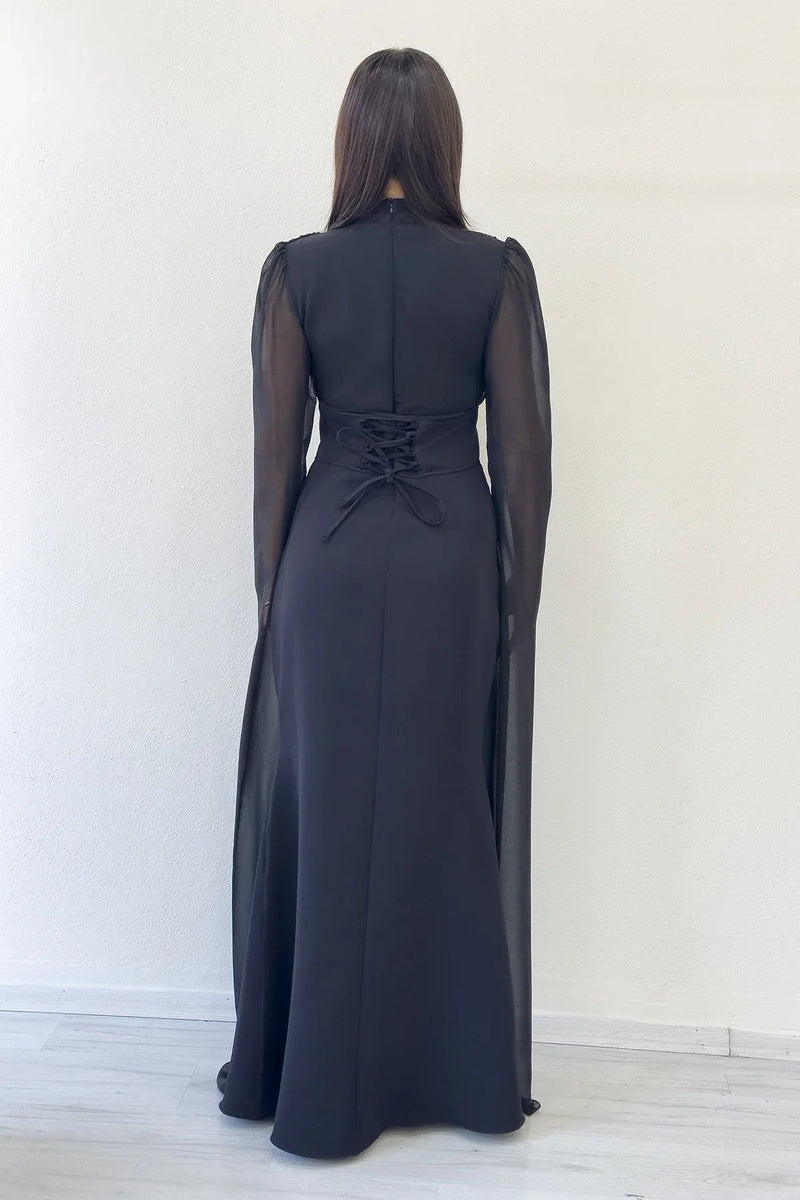 Women's Black Chiffon Cape Sleeve High Neck Mermaid Evening Gown