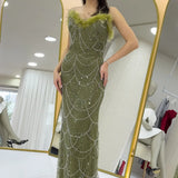 Khaki Strapless Maxi Feather Design Evening Dress