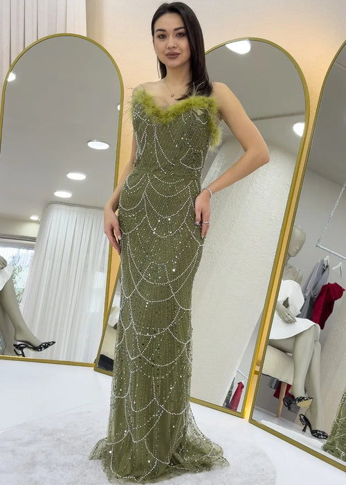 Khaki Strapless Maxi Feather Design Evening Dress