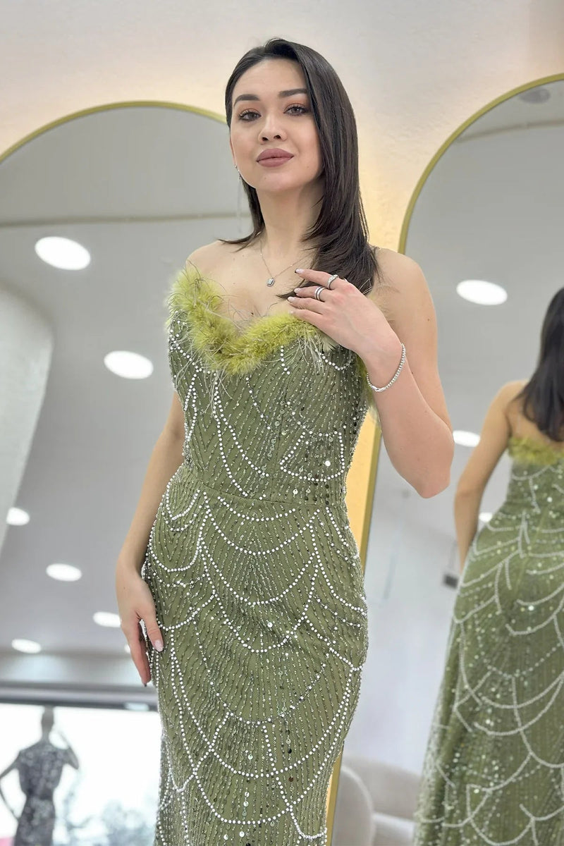 Women's Khaki Strapless Embellished Otriş Detail Evening Gown