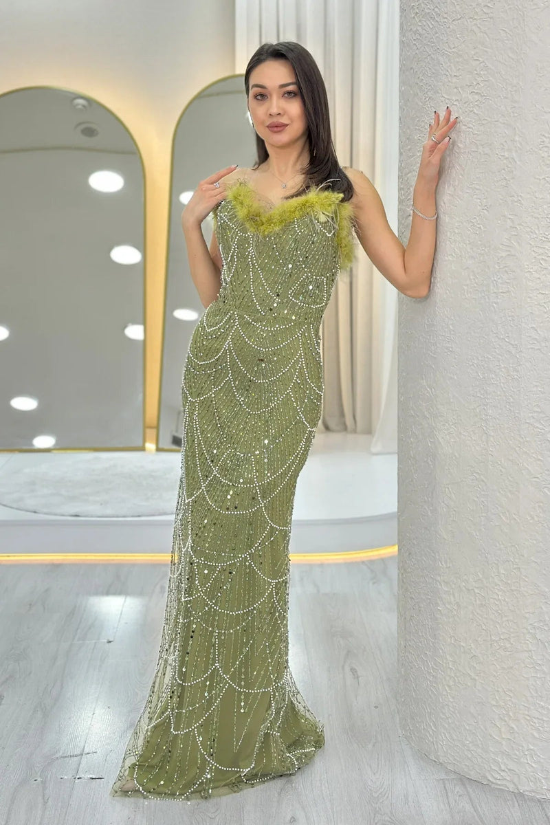 Women's Khaki Strapless Embellished Otriş Detail Evening Gown