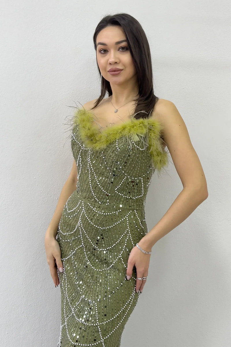 Women's Khaki Strapless Embellished Otriş Detail Evening Gown