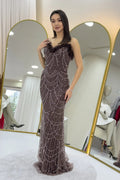 Brown Strapless Maxi Feather Design Evening Dress