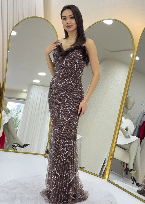 Brown Strapless Maxi Feather Design Evening Dress