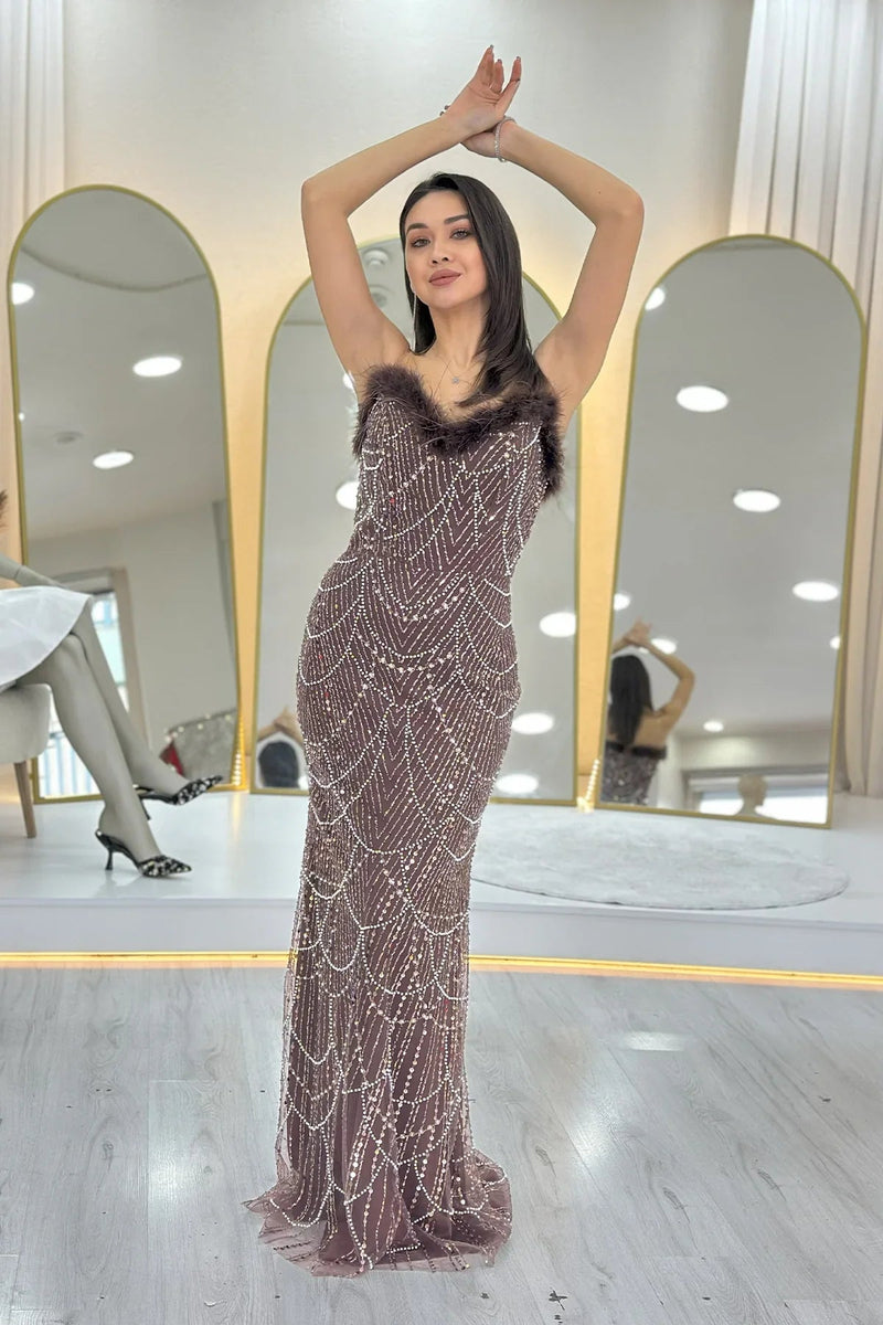 Women's Brown Strapless Embellished Otriş Detail Evening Gown
