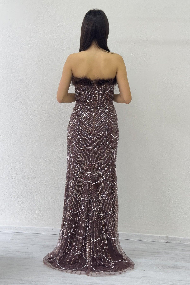 Women's Brown Strapless Embellished Otriş Detail Evening Gown