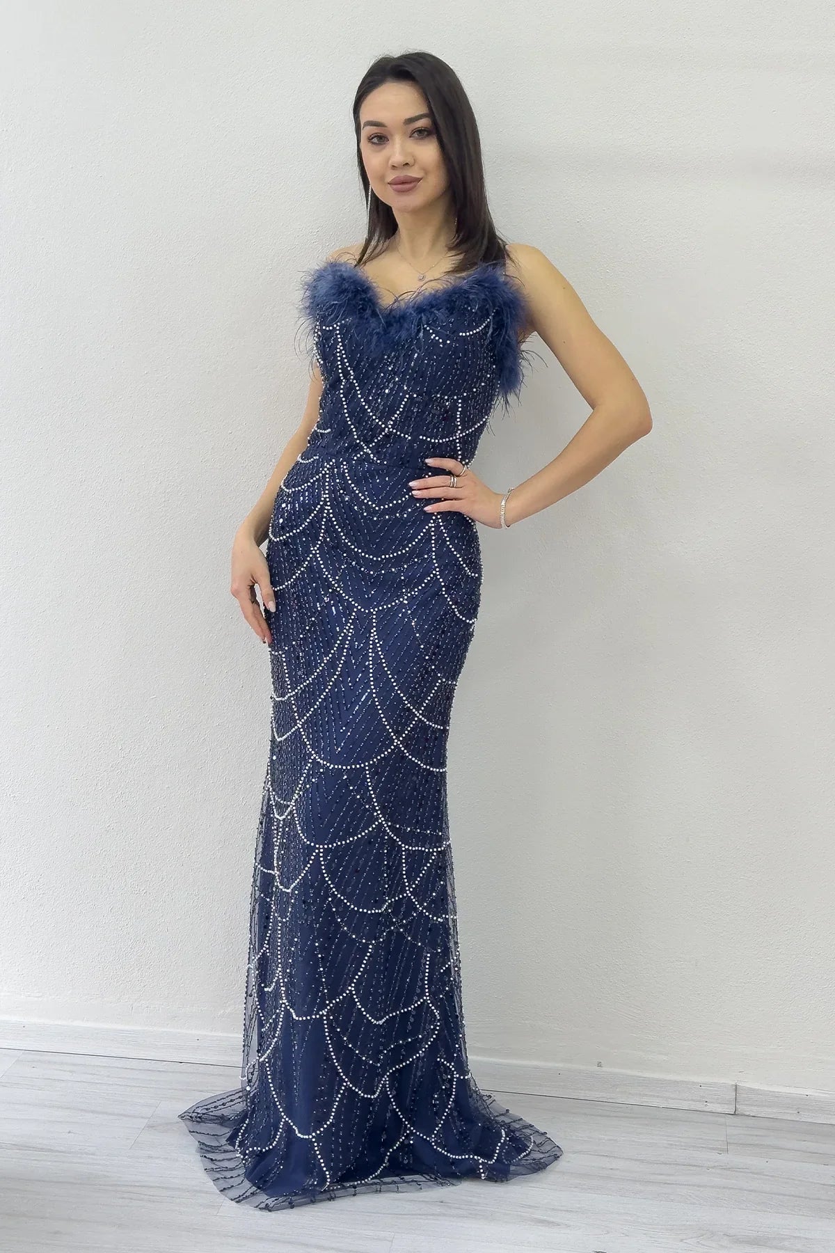 Women's Navy Blue Strapless Embellished Otriş Detail Evening Gown