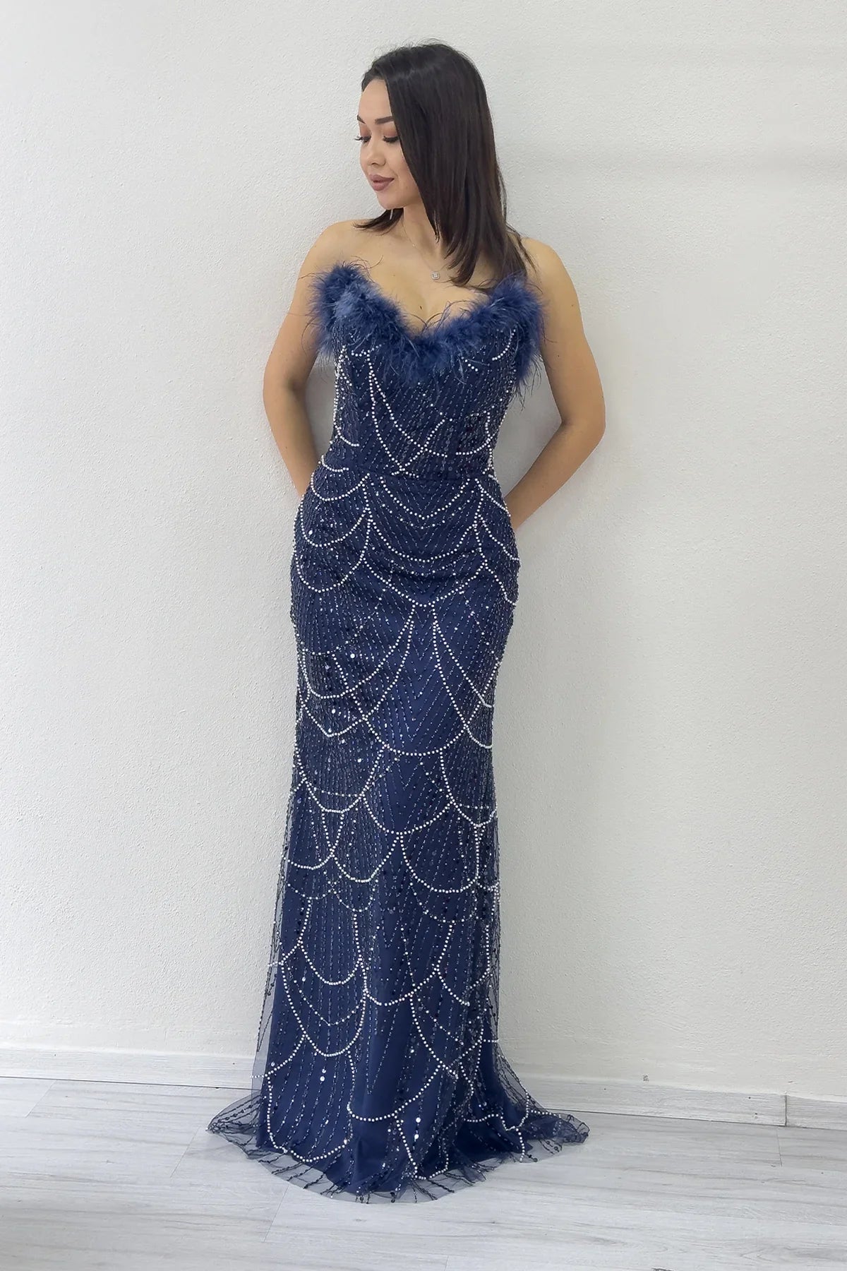 Women's Navy Blue Strapless Embellished Otriş Detail Evening Gown