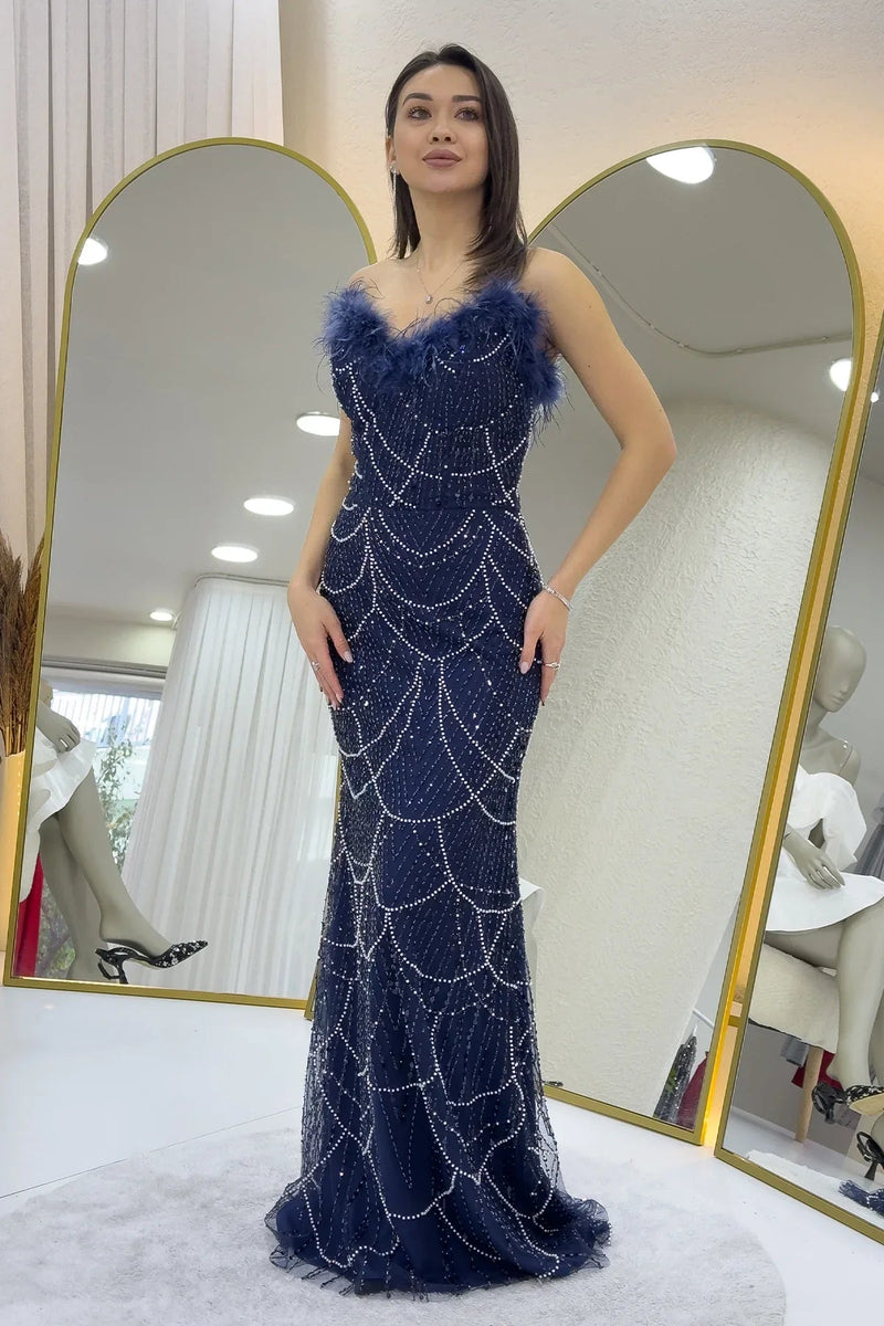 Women's Navy Blue Strapless Embellished Otriş Detail Evening Gown