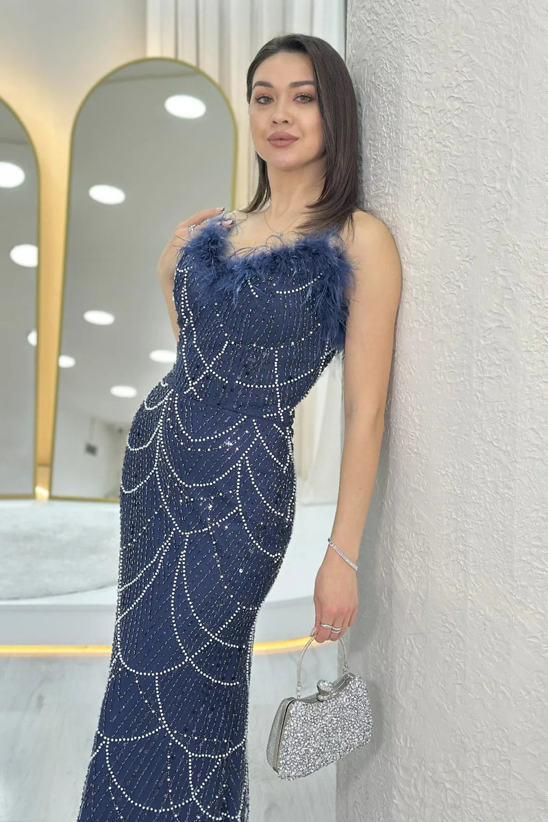 Women's Navy Blue Strapless Embellished Otriş Detail Evening Gown