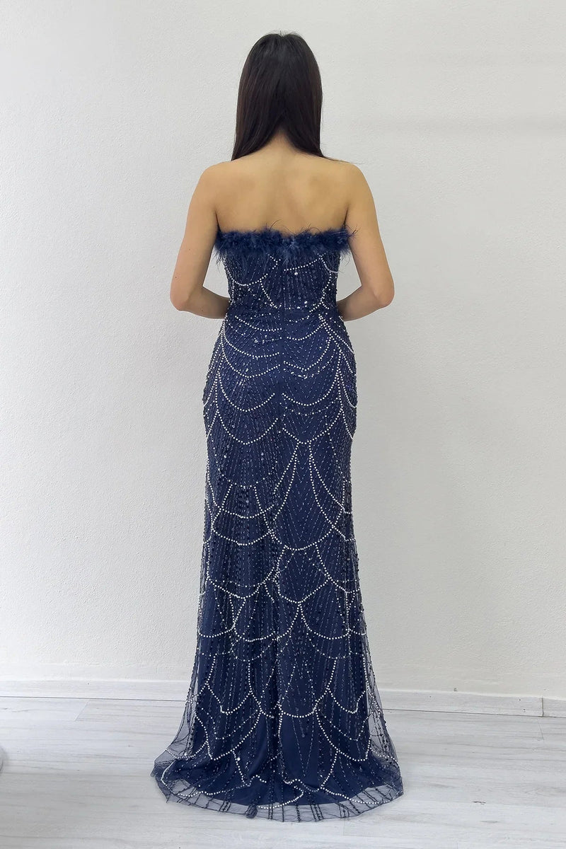 Women's Navy Blue Strapless Embellished Otriş Detail Evening Gown