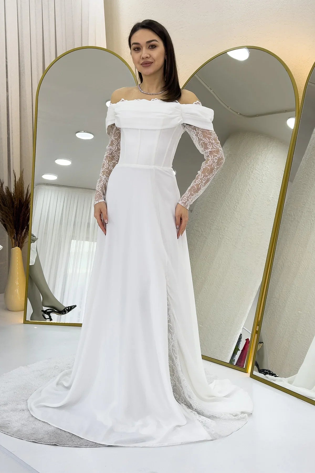 Women's White Lace Sleeve Slit Tasarım Nikah Evening Gown