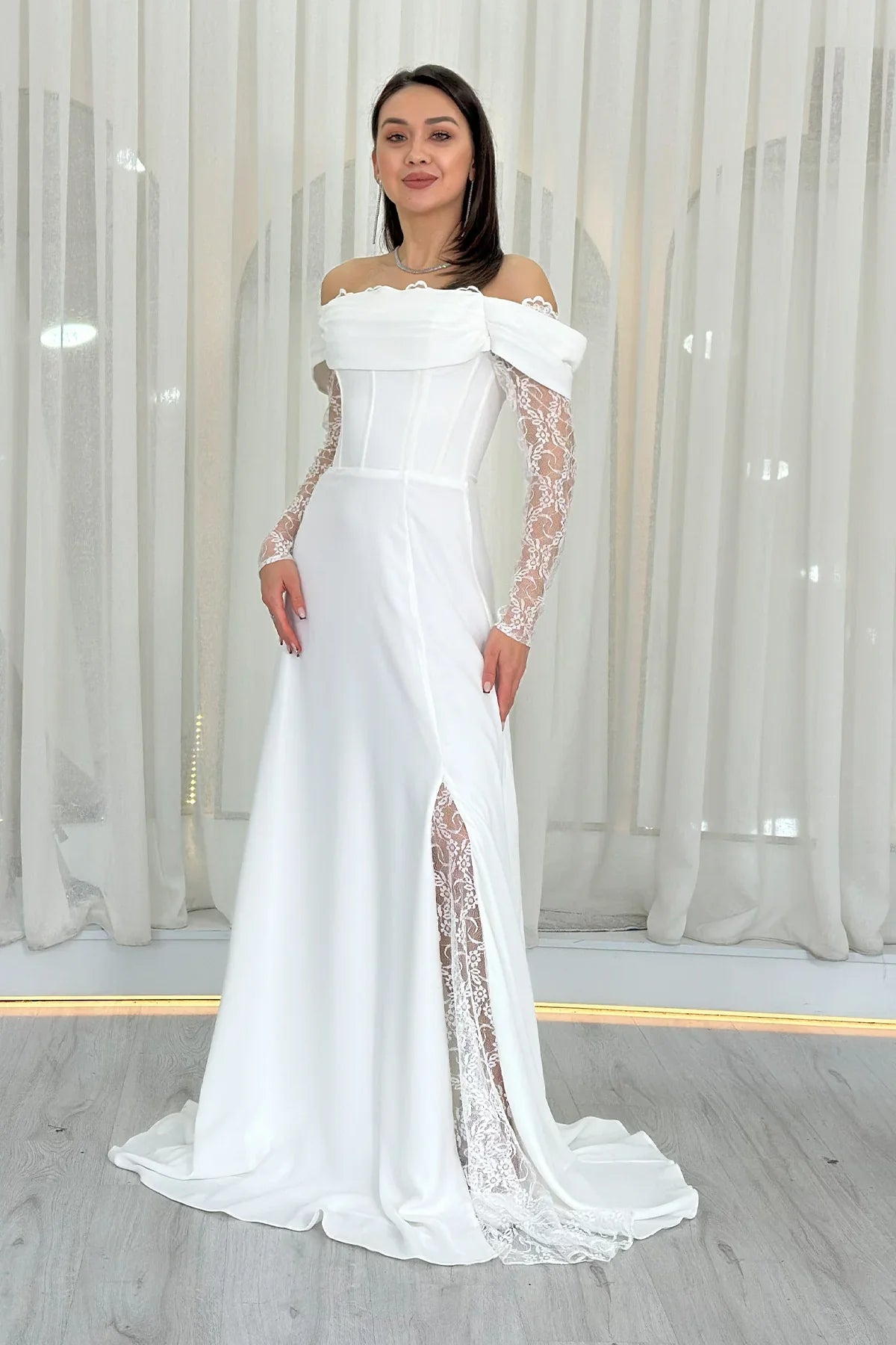 Women's White Lace Sleeve Slit Tasarım Nikah Evening Gown