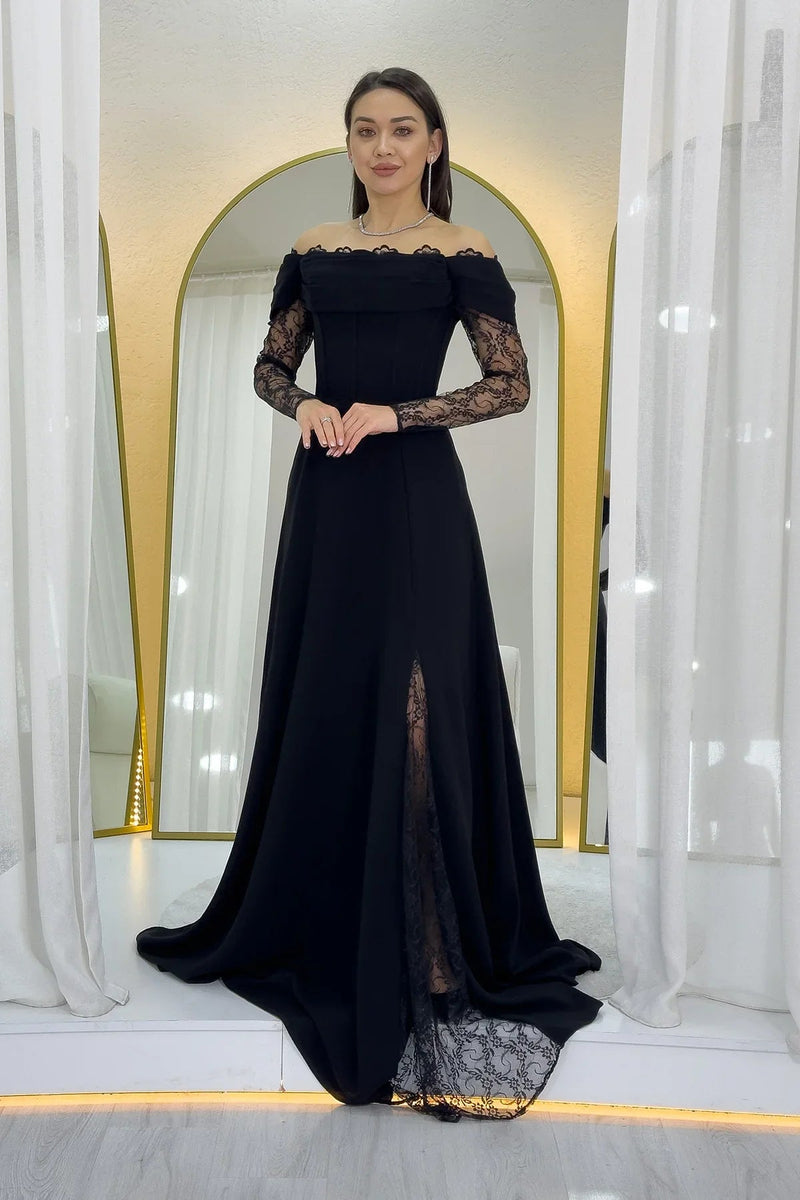Women's Black Lace Sleeve Slit Tasarım Evening Gown