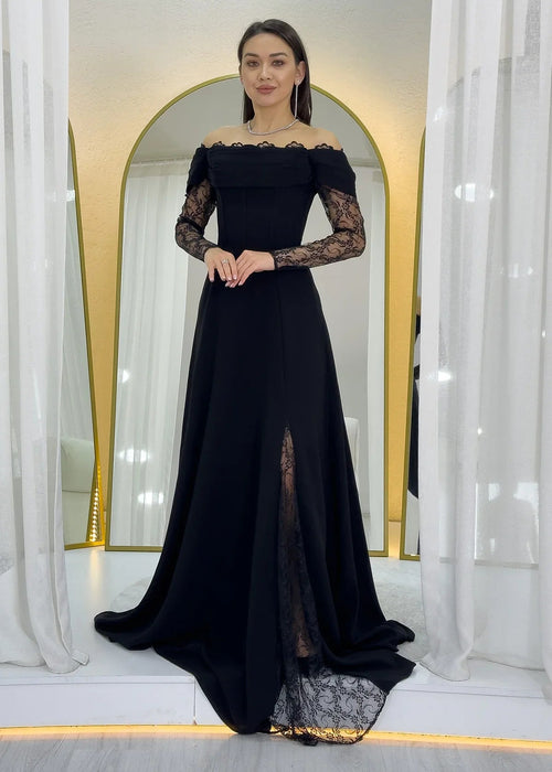Black Off-Shoulder Lace Evening Dress