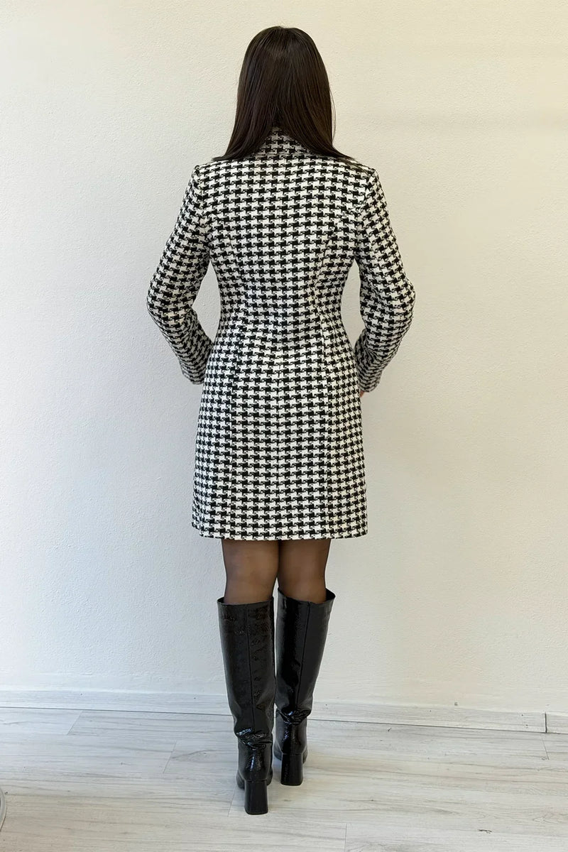 Women's Houndstooth Buttoned Wrap Wool Blend Coat