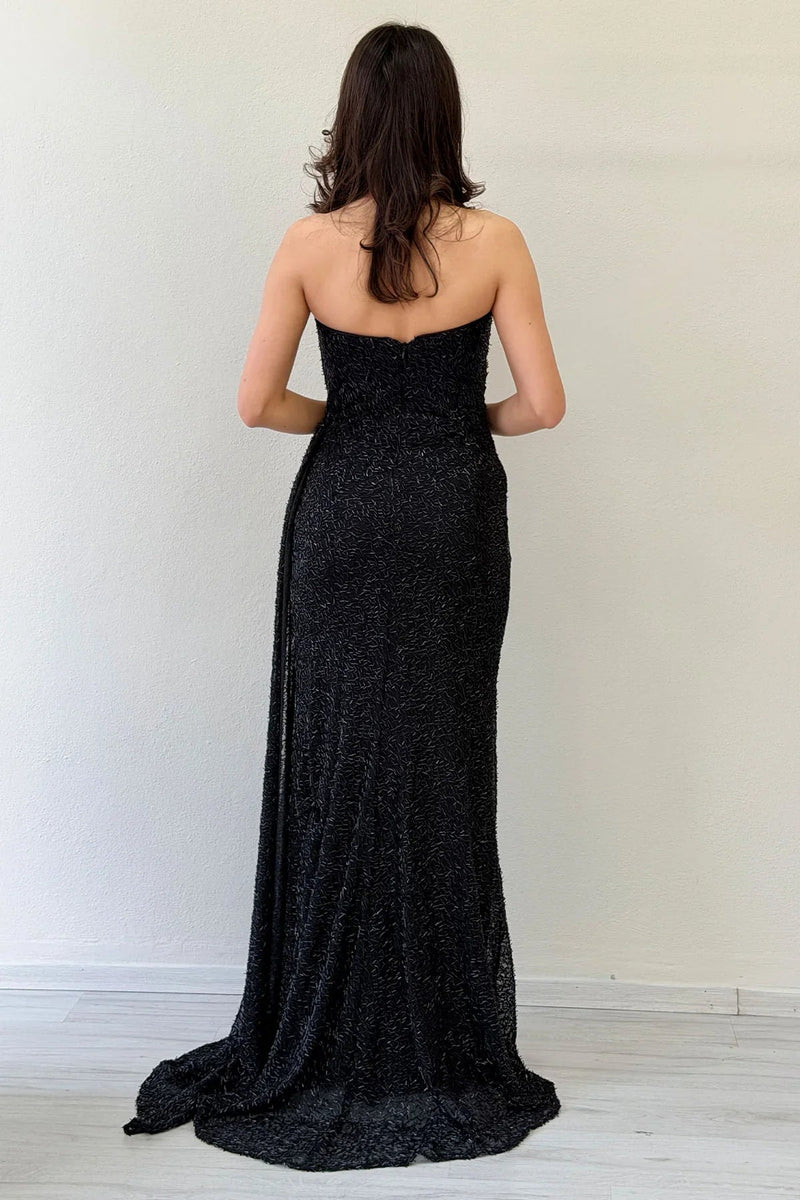 Women's Black Strapless Sequin Crystal Embellished Train Evening Gown