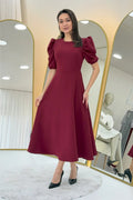 Burgundy Balloon Sleeve Midi Dress