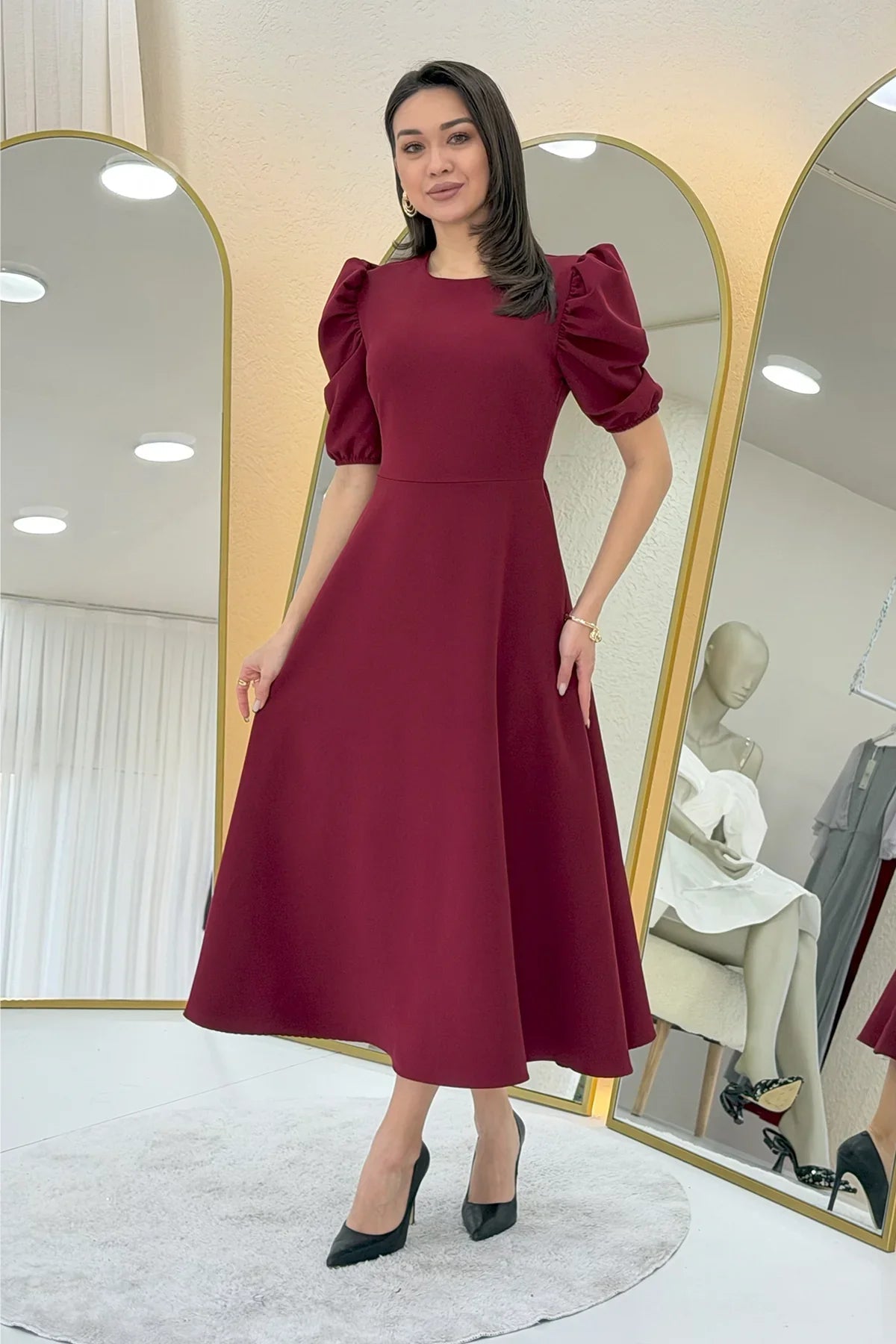 Women's Burgundy Balloon Sleeve Midi Ruffled Dress