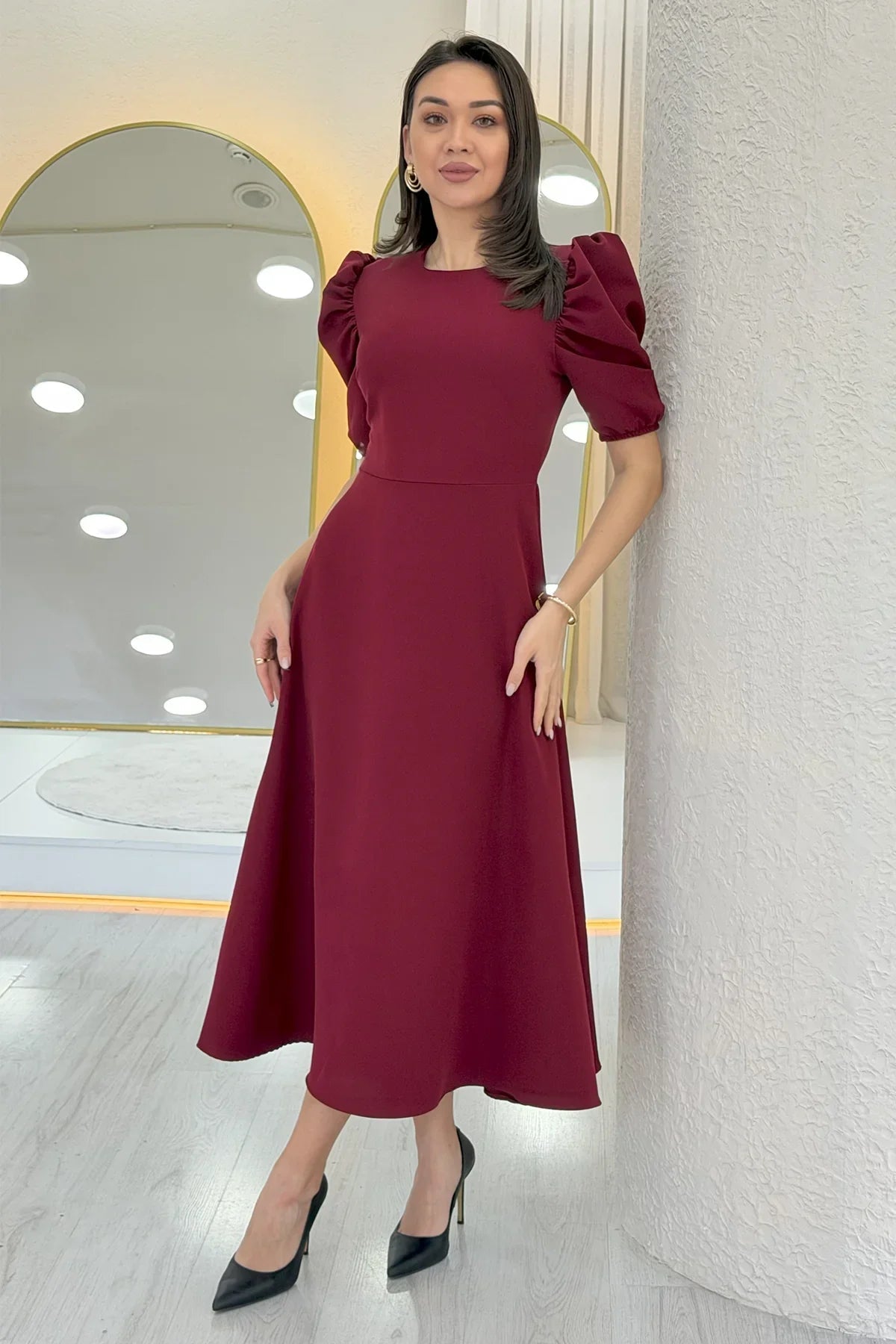 Women's Burgundy Balloon Sleeve Midi Ruffled Dress