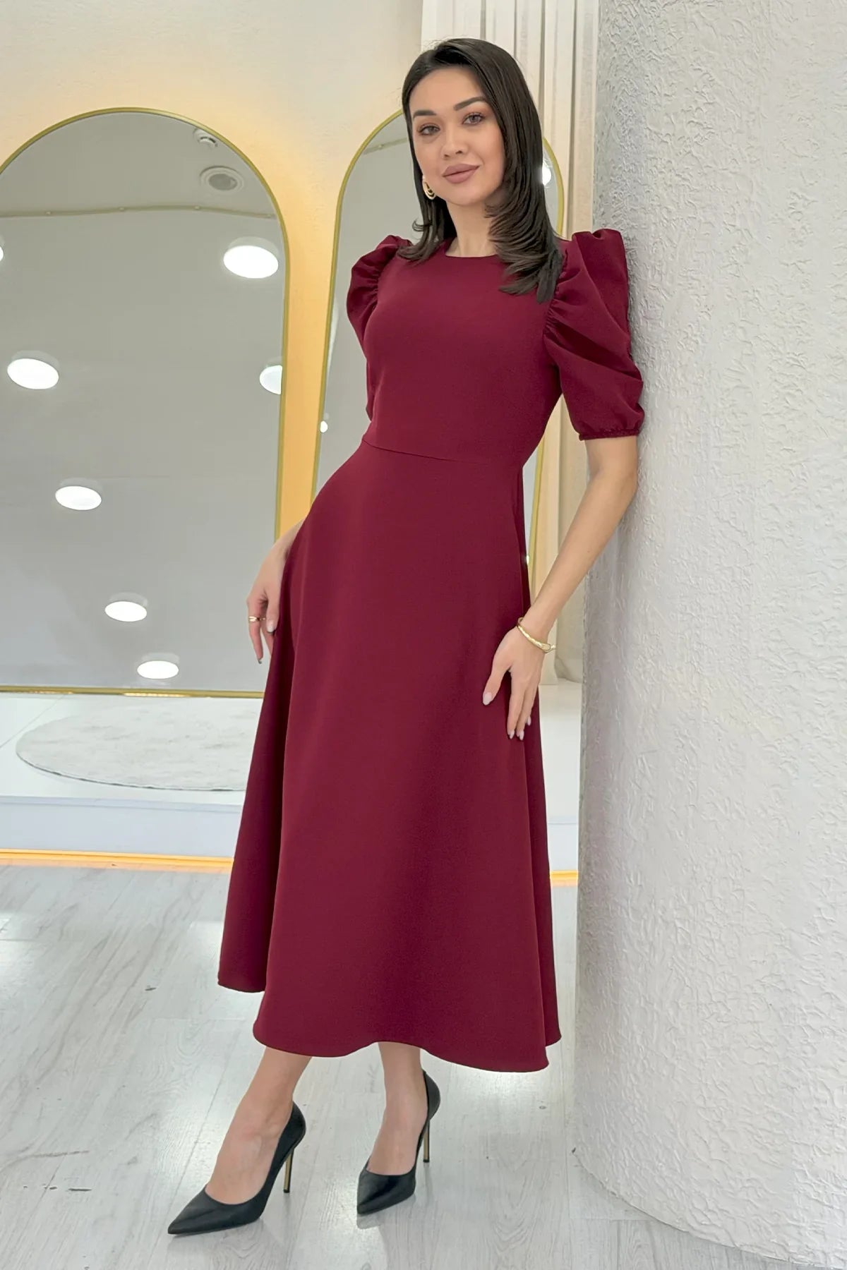 Women's Burgundy Balloon Sleeve Midi Ruffled Dress