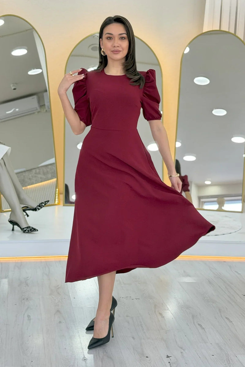 Women's Burgundy Balloon Sleeve Midi Ruffled Dress