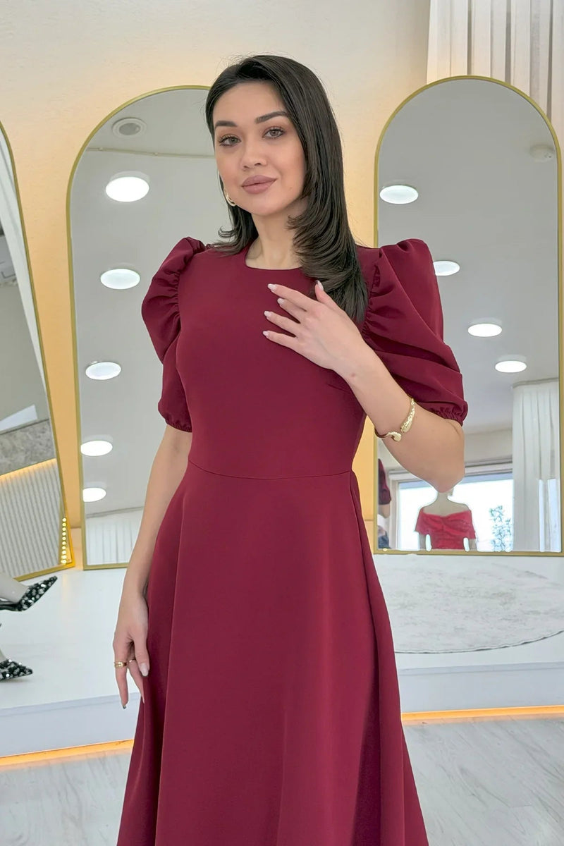 Women's Burgundy Balloon Sleeve Midi Ruffled Dress