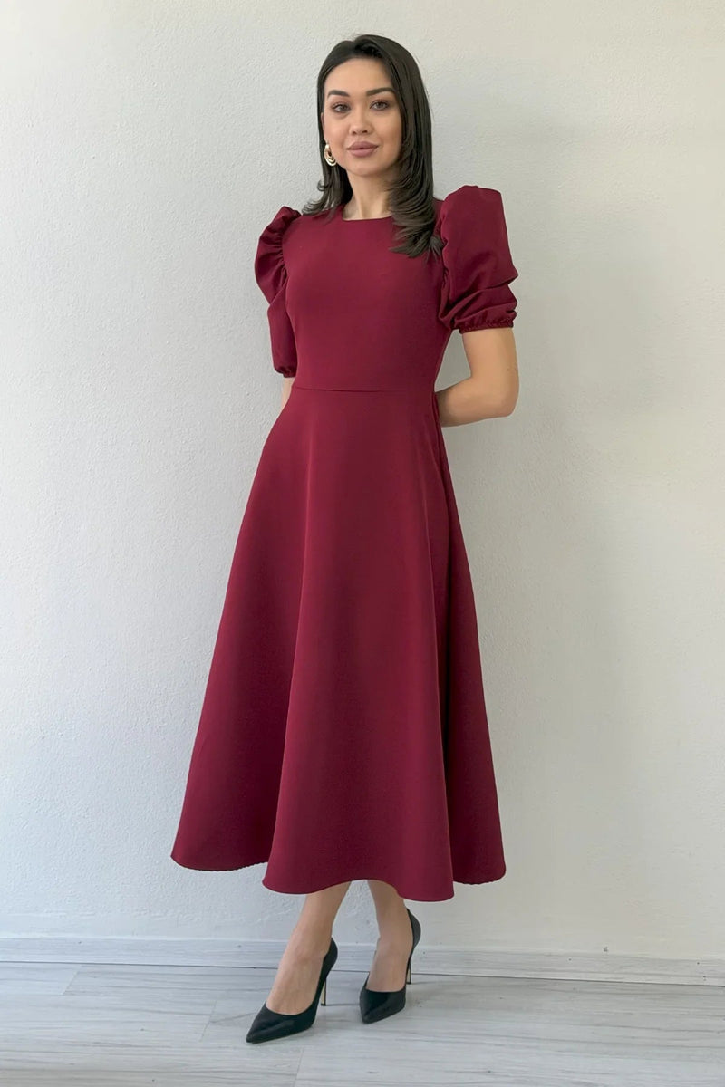 Women's Burgundy Balloon Sleeve Midi Ruffled Dress
