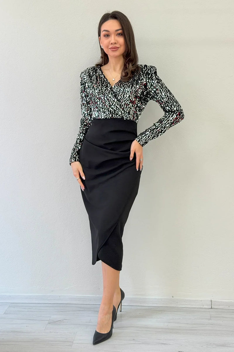 Women's Silver Sequin Wrap Neck Draped Midi Evening Gown