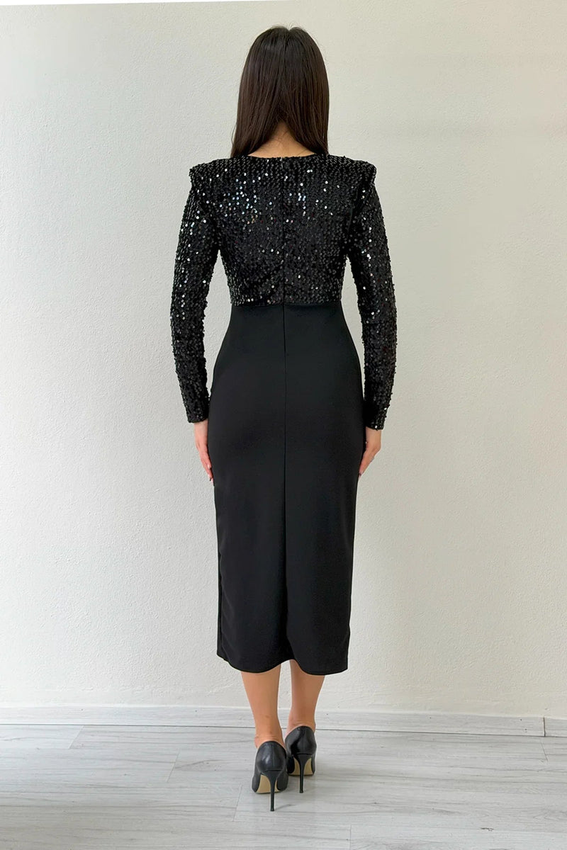 Women's Black Sequin Wrap Neck Draped Midi Evening Gown