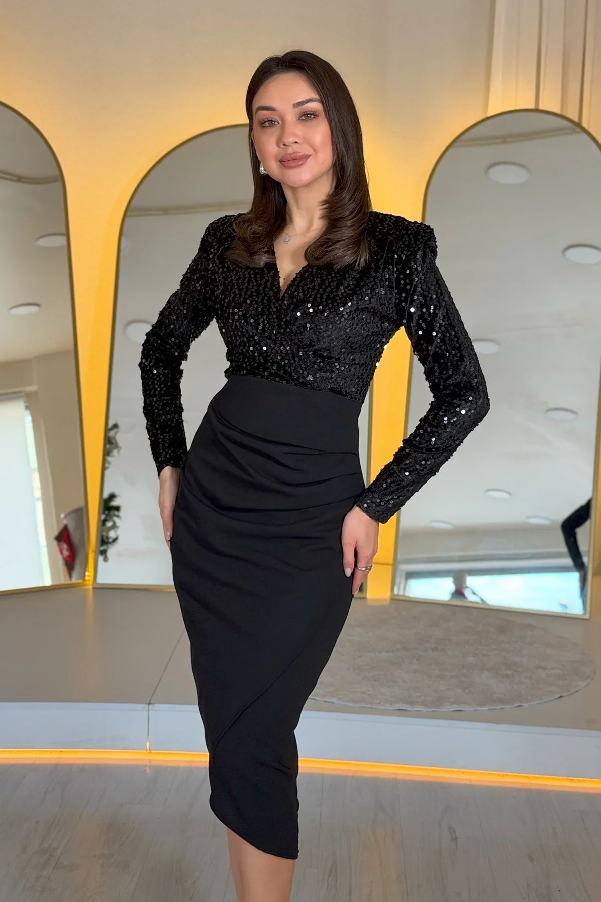 Women's Black Sequin Wrap Neck Draped Midi Evening Gown