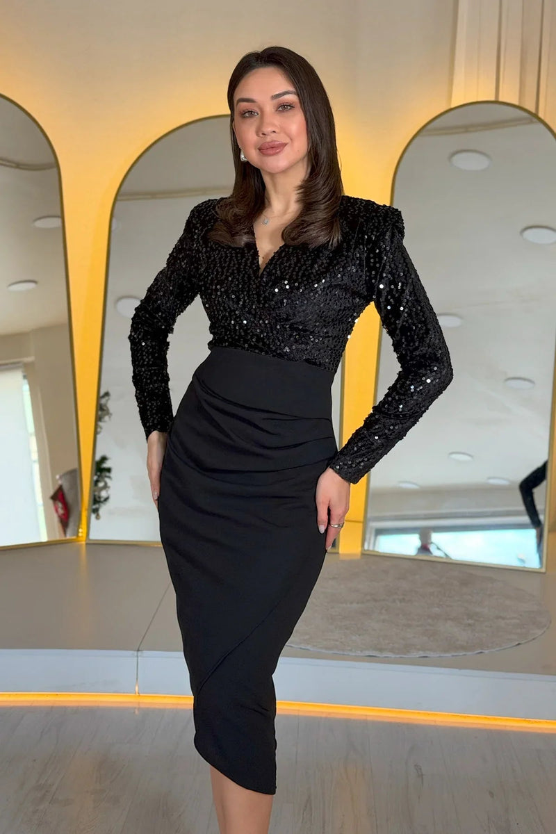 Women's Black Sequin Wrap Neck Draped Midi Evening Gown