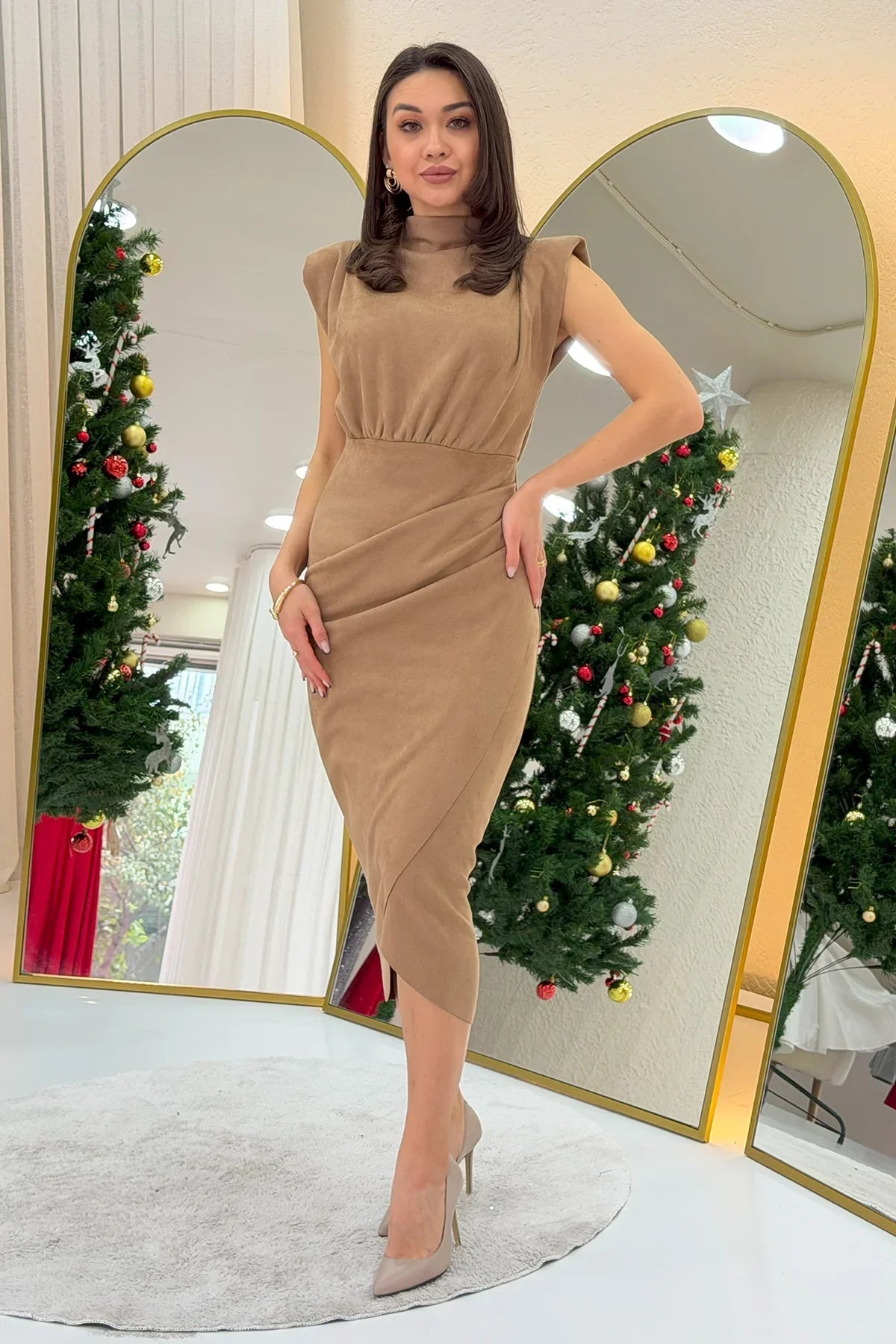 Women's Mink Vatkalı Draped Suede Dress