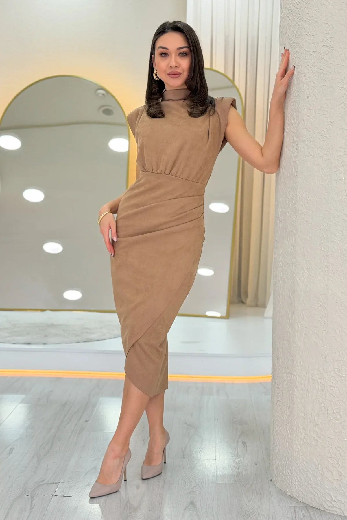 Women's Mink Vatkalı Draped Suede Dress