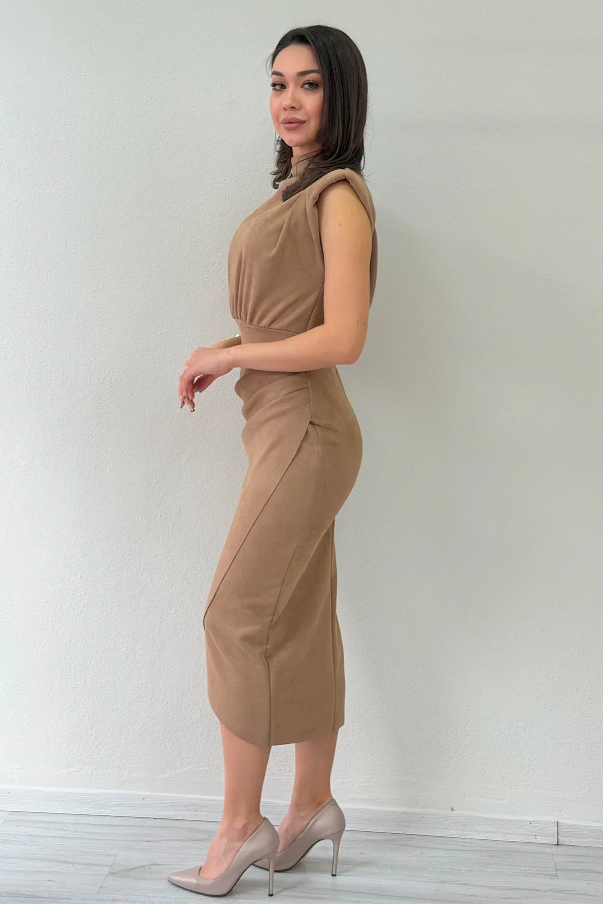 Women's Mink Vatkalı Draped Suede Dress