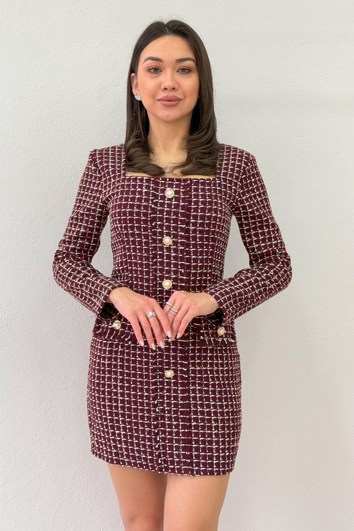 Women's Burgundy Square Neck Long Sleeve Tweed Dress
