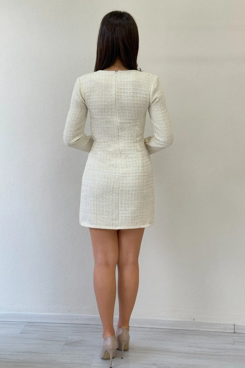 Women's Ecru Square Neck Long Sleeve Tweed Dress