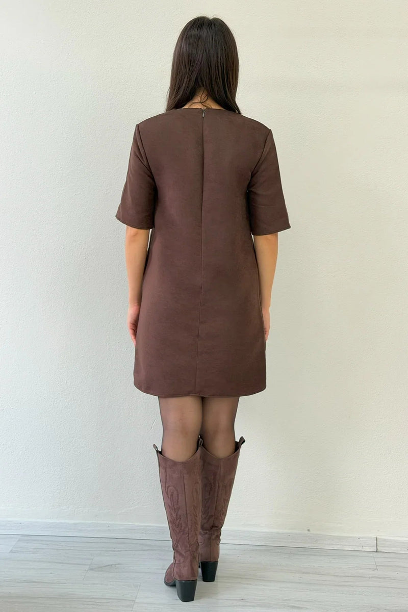 Women's Brown Zımba Detail Suede Mini Dress