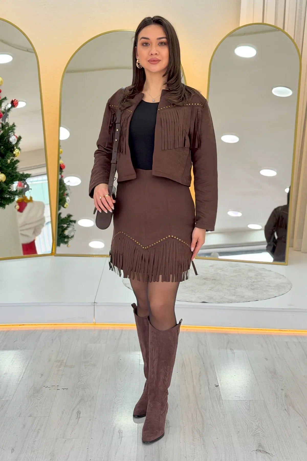 Women's Brown Saçaklı Jacket Skirt İkili Suede Set